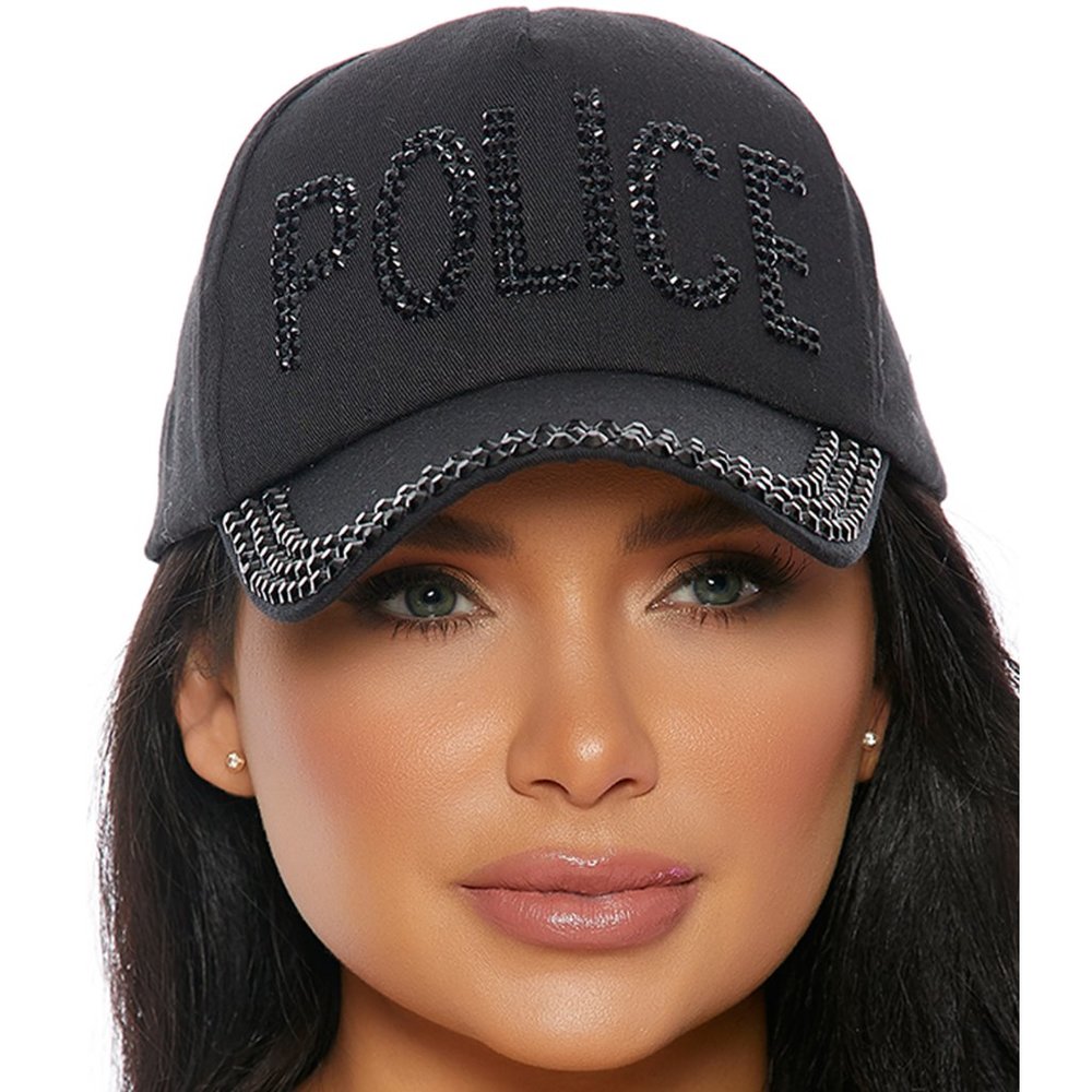 Studded Black Rhinestone Police Cap